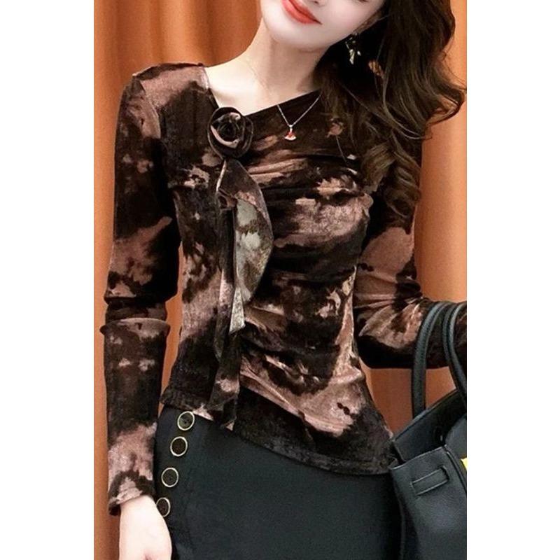 Autumn New Mesh Irregular Bottoming Shirt Long Sleeve Fashion Versatile Western Style Printed T-Shirt Tops for Women