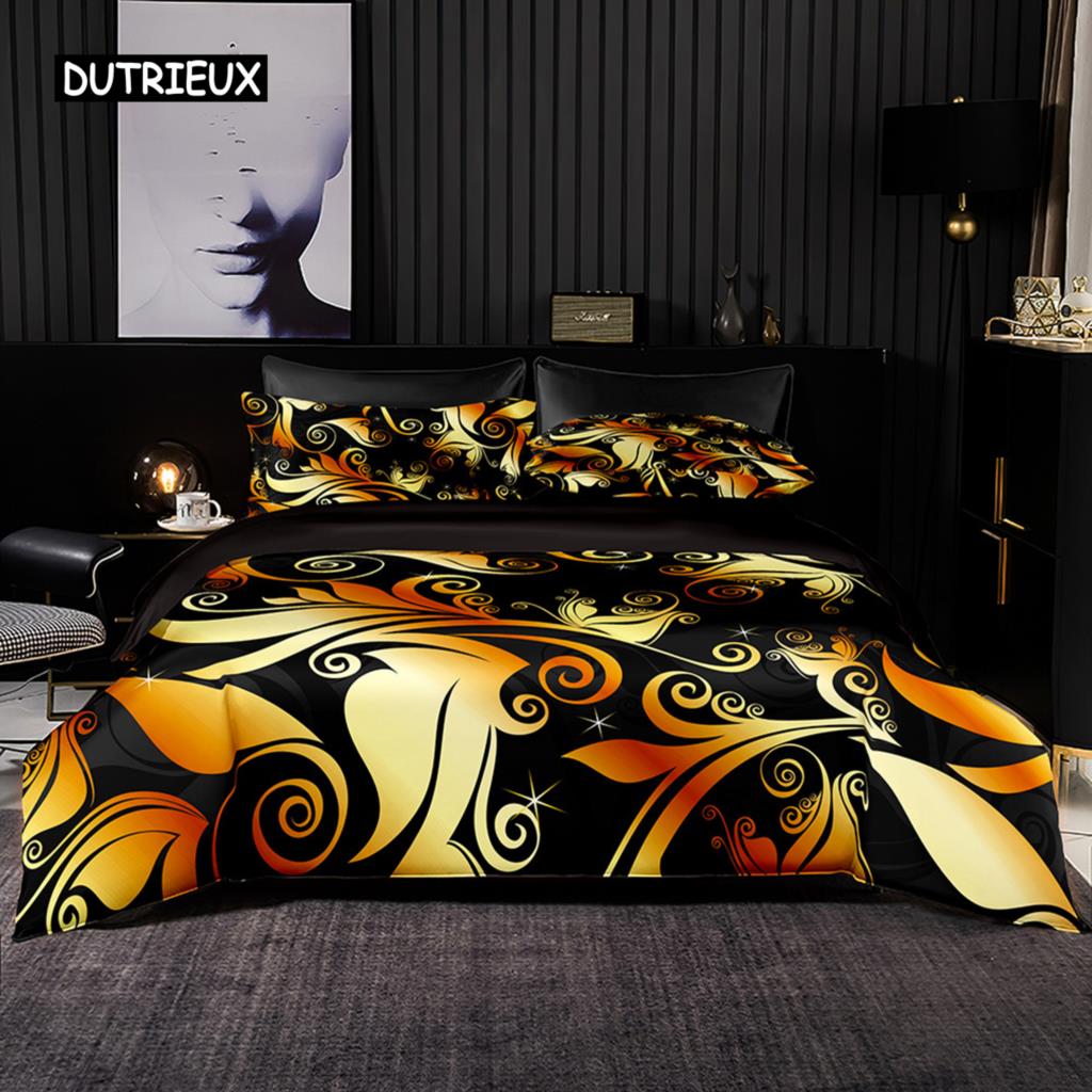 Textured Black Gold Floral Duvet Cover Set with Pillowcases Premium Bedding for Adults Men Women Gifts Bedroom Decoration