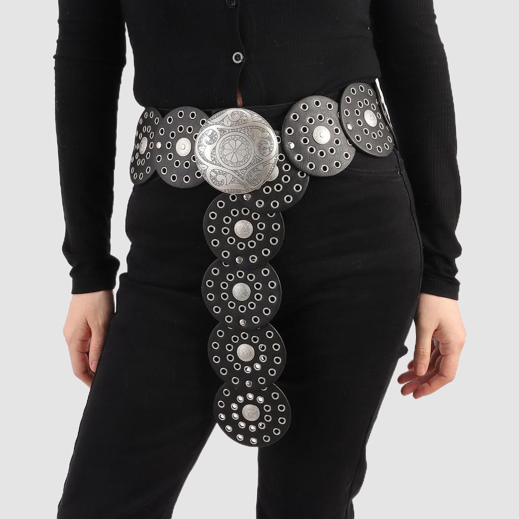 Ремень для дисков в западном стиле Y2K Широкий дисковый ремень Ковбойский широкий дисковый ремень Полый ремень для женщин