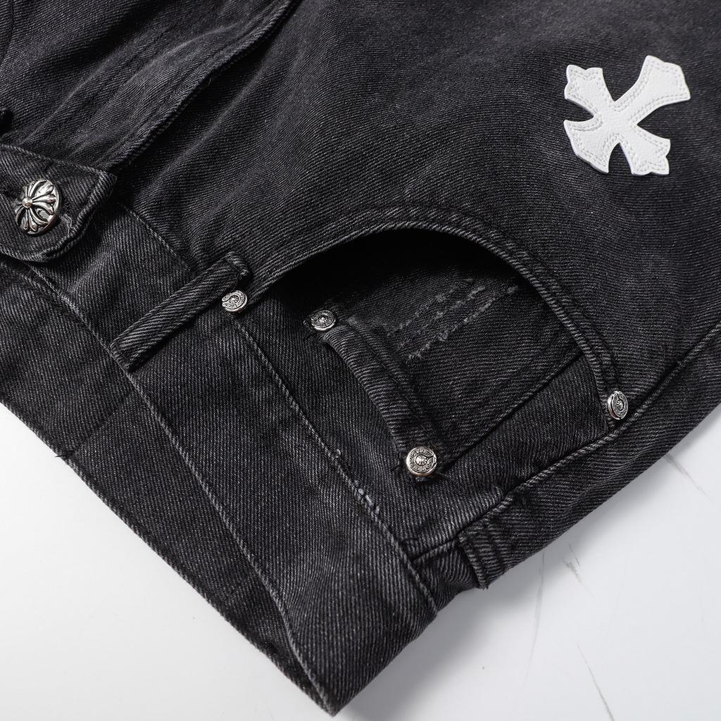 9925 CHROME HEARTS Мужские черные джинсовые шорты с белыми нашивками-крестами Свободный крой Уличный стиль Джинсовые шорты