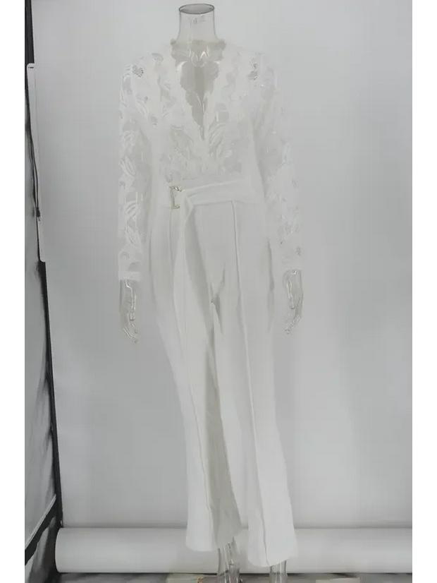 New European & American Sexy Deep V Neck White Lace Jumpsuit with Belt