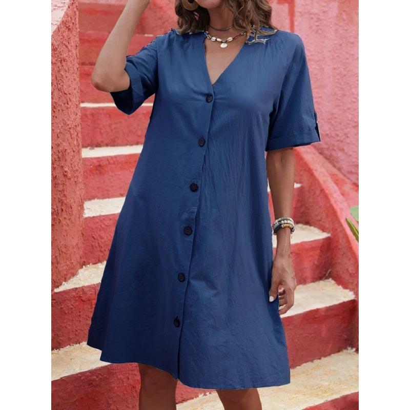 YYFS Women's Fashion Summer Spring Solid Color Print Short Sleeve V-Neck High Waist Casual Dresses