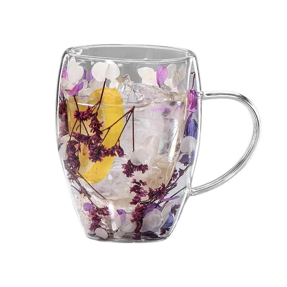 С ручкой Кружка с сухоцветом Разнообразная кружка с двойными стенками для кофе Прозрачные стеклянные чашки Молочный шоколад