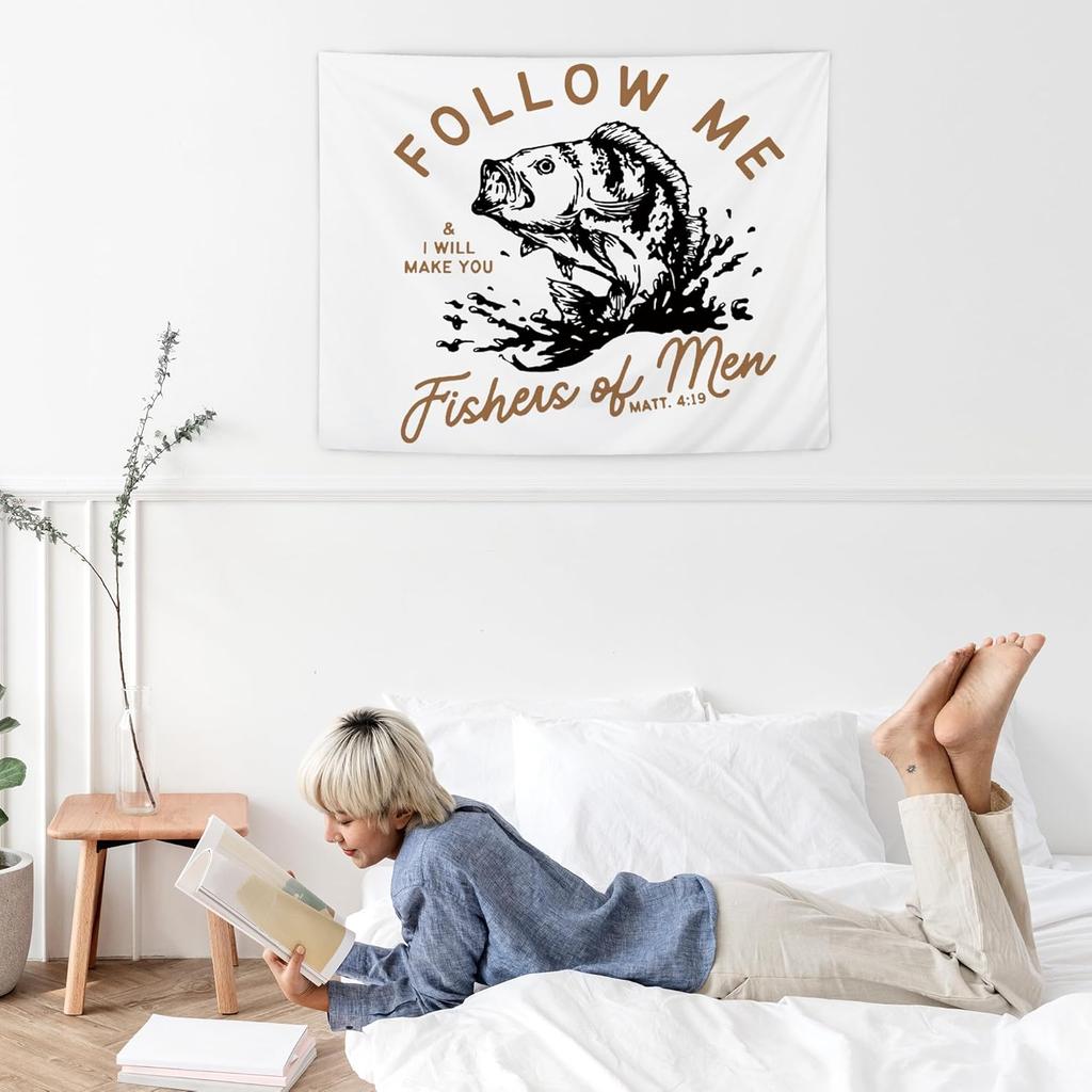 NATSUNO Vintage Christian Tapestry, Retro Bible Verse Fish Wall Tapestry for Home, Religious Scripture Fishers of Men Tapestries Wall Hanging for