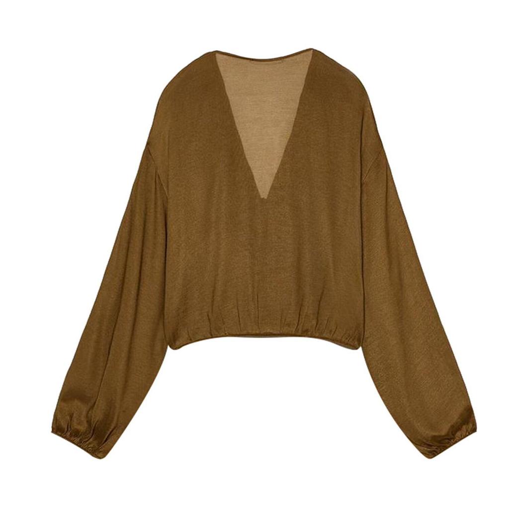 Элегантная женская рубашка ZA с V-образным вырезом, многослойными длинными рукавами и текстурой, 2025