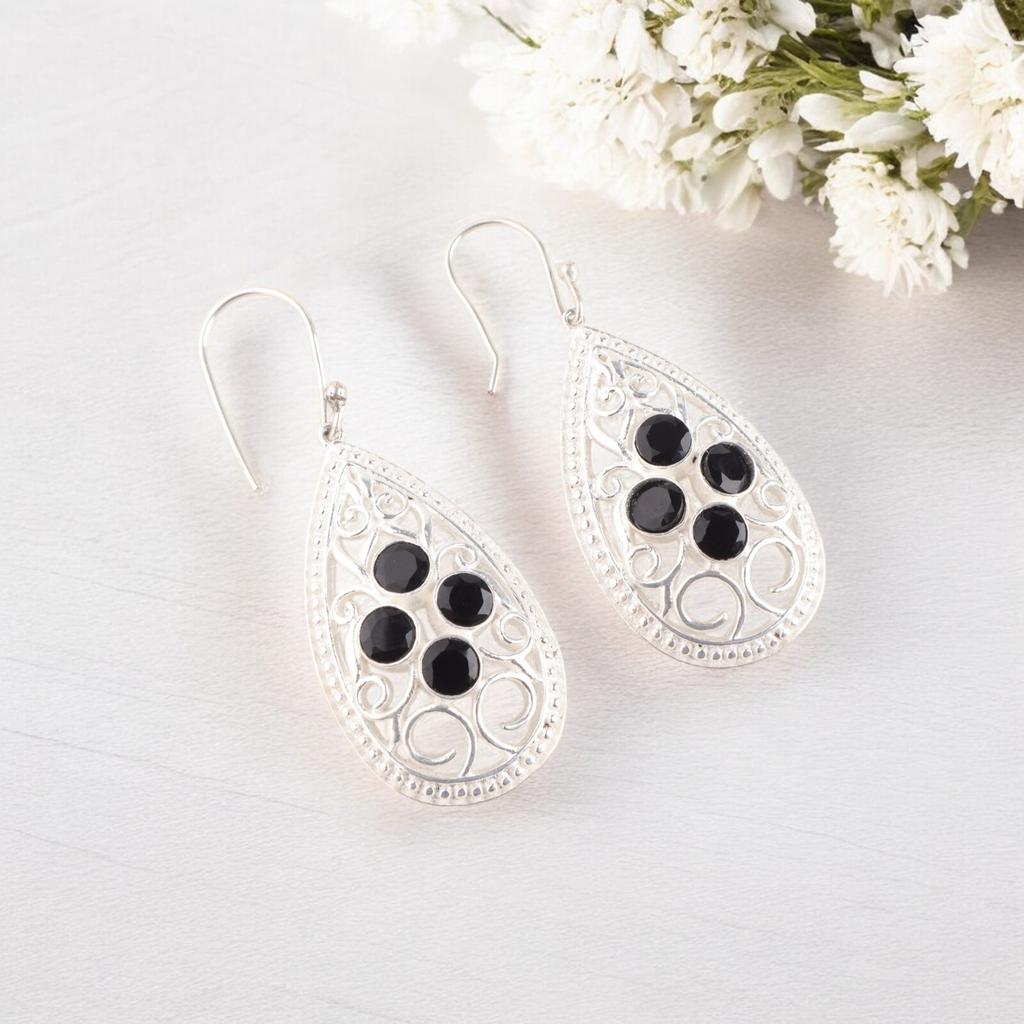 Черный оникс Драгоценный камень 925 Стерлинговое серебро Ручная работа Серьги 2,25" Подарок для жены CE-17-13