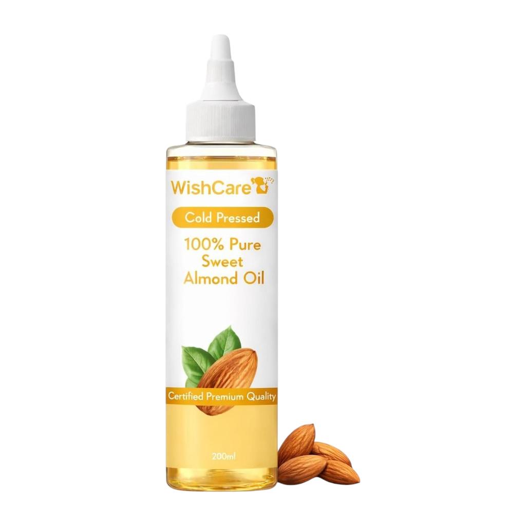 WishCare® Чистое масло сладкого миндаля холодного отжима 200 мл для ухода за волосами, сияния кожи, масло для лица, базовое масло, натуральное масло для сияния