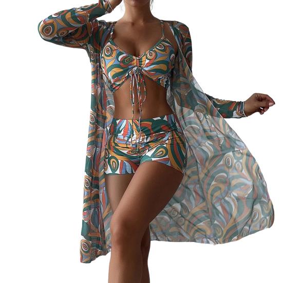 3 шт./компл. комплект накидки на бикини с длинными рукавами контрастного цвета на бретельках-спагетти