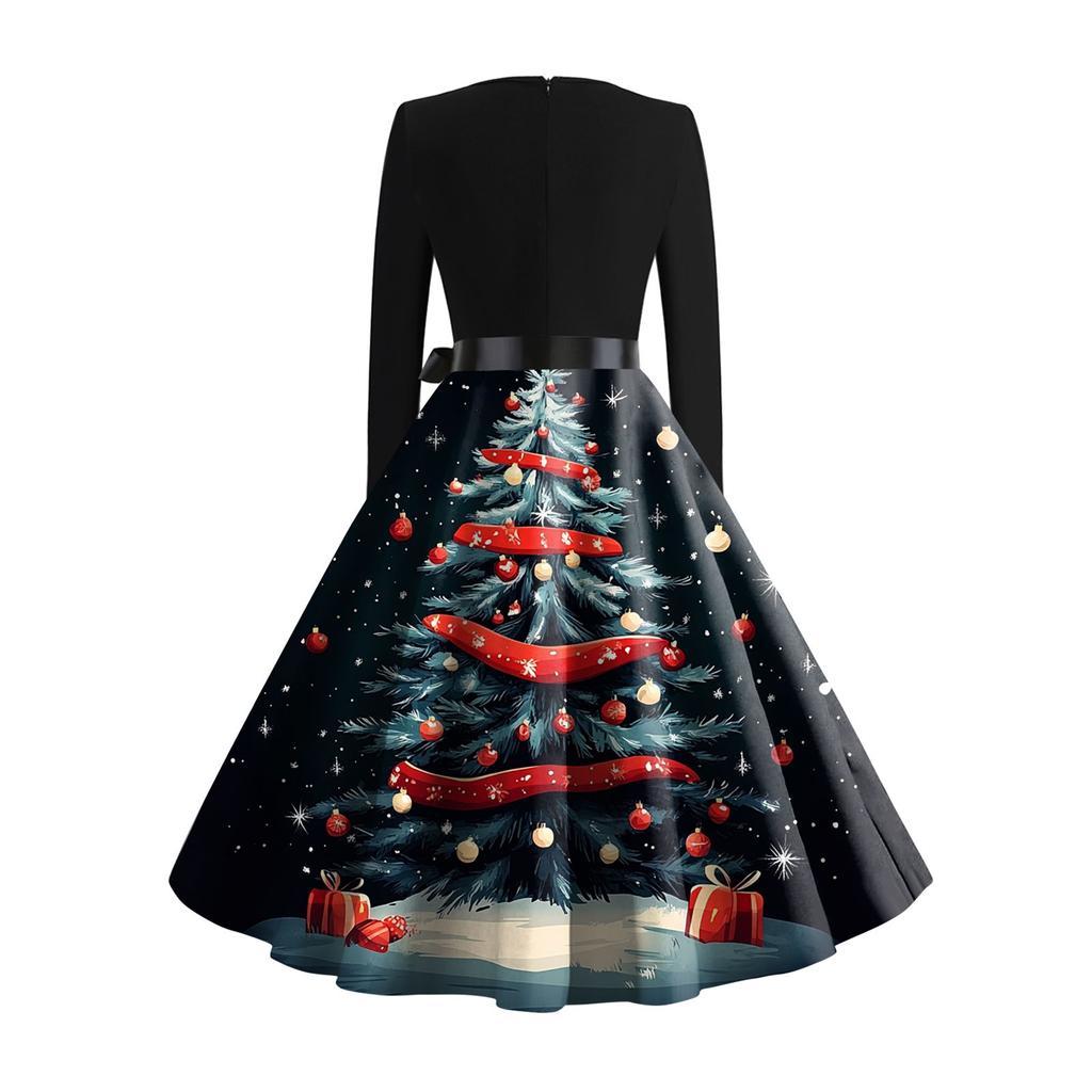 Christmas Print Flare Dress For Women Long Sleeve Dress Hollow Party Casual Dresses