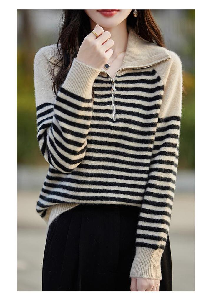 Women's 100% Pure Wool High Neck Half Zip Cashmere Sweater - Loose Knit Pullover