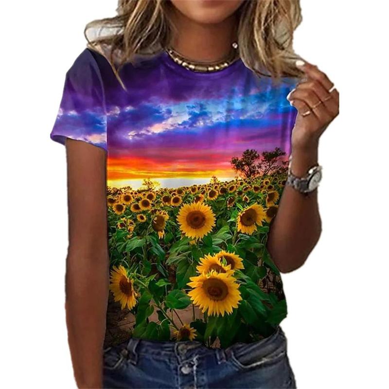 Vintage Sunflower 3d Print Elegant Women Clothing Female Summer Fashion Short Sleeve Top Tees Ladies Casual Comfortable T Shirt