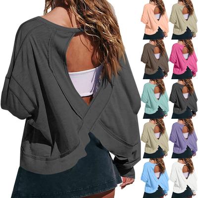 Женская мода повседневная круглая горловина длинный рукав спинка однотонный топ