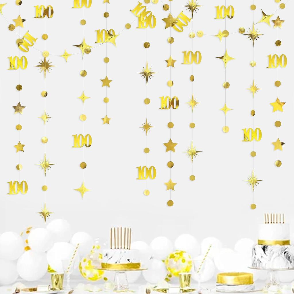 Gold 100th Birthday Decorations Number 100 Circle Dot Twinkle Star Garland Hanging Streamer Bunting Banner Backdrop for Women Mens 100th Anniversary