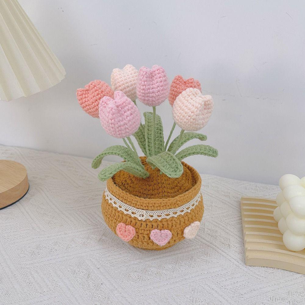 Handmade Woolen Yarn Flowers Crochet Knitting Kit No Finish Tulip Potted Flower Desktop Ornament