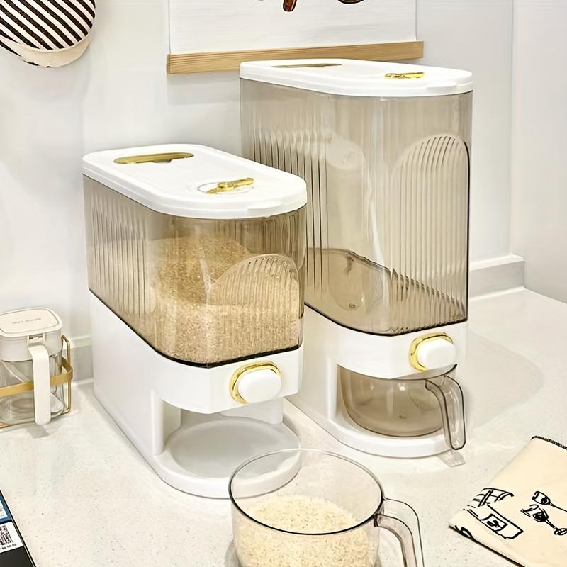 2-в-1 большой дозатор риса и контейнер для хранения сухих продуктов с мерным стаканом и шкалой времени, откидной пластиковый кухонный органайзер для зерен