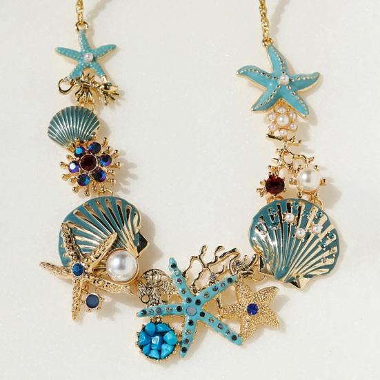 Exaggerated Women Necklace Ocean Theme Starfish Coral Shell Faux Pearl Rhinestone Decor Adjustable Length Lady Vacation Beach Neck Jewelry