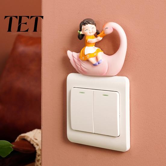 Desktop Ornament Decor 3D Resin Switch Stickers, Wall Fairy Tale Girl on Swan Decor, Bedroom Decoration Peel & Stick Light Sticker for Kids