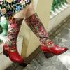 Floral Belt Buckle Thick High Heel Leather Boots Knee High for Girl & Lady