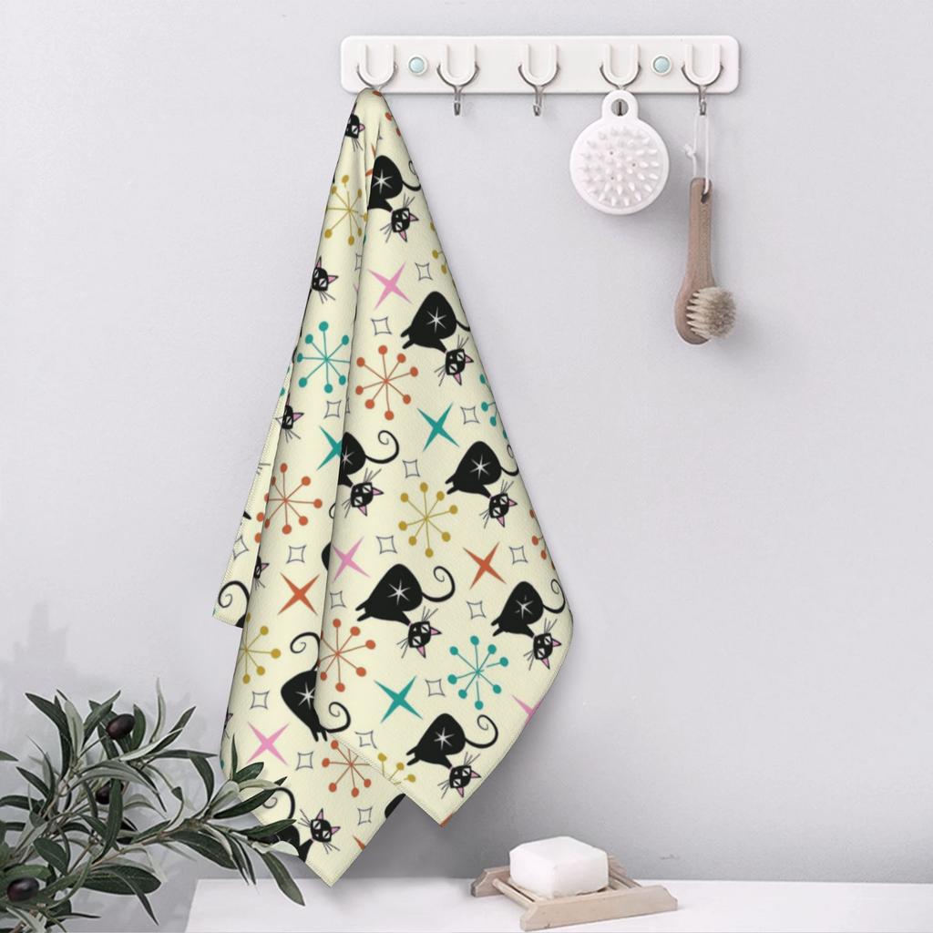 Mid Century Black Atomic Cat with Starbursts Soft Face Towel Quick Dry Pool Bath Cotton Towels Absorbent