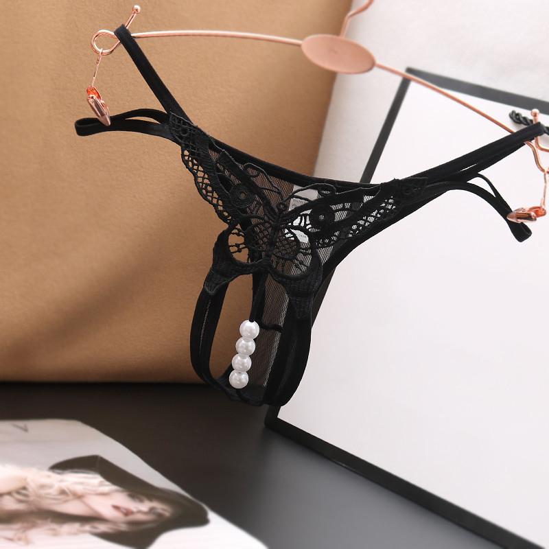Butterfly Panties Sexy Beading Thong G String With Pearls Lace Underwear Women Open Crotch Lingerie