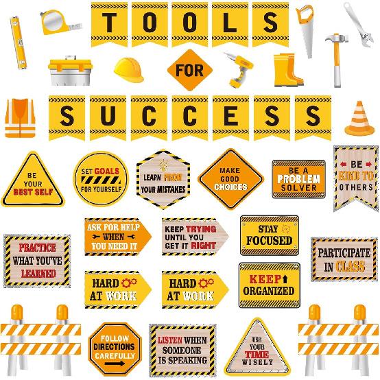 Outus 47 Pcs Construction Bulletin Board Set Construction Cutouts Tools for Success Classroom Decorations for Kid Students Back to School Gifts
