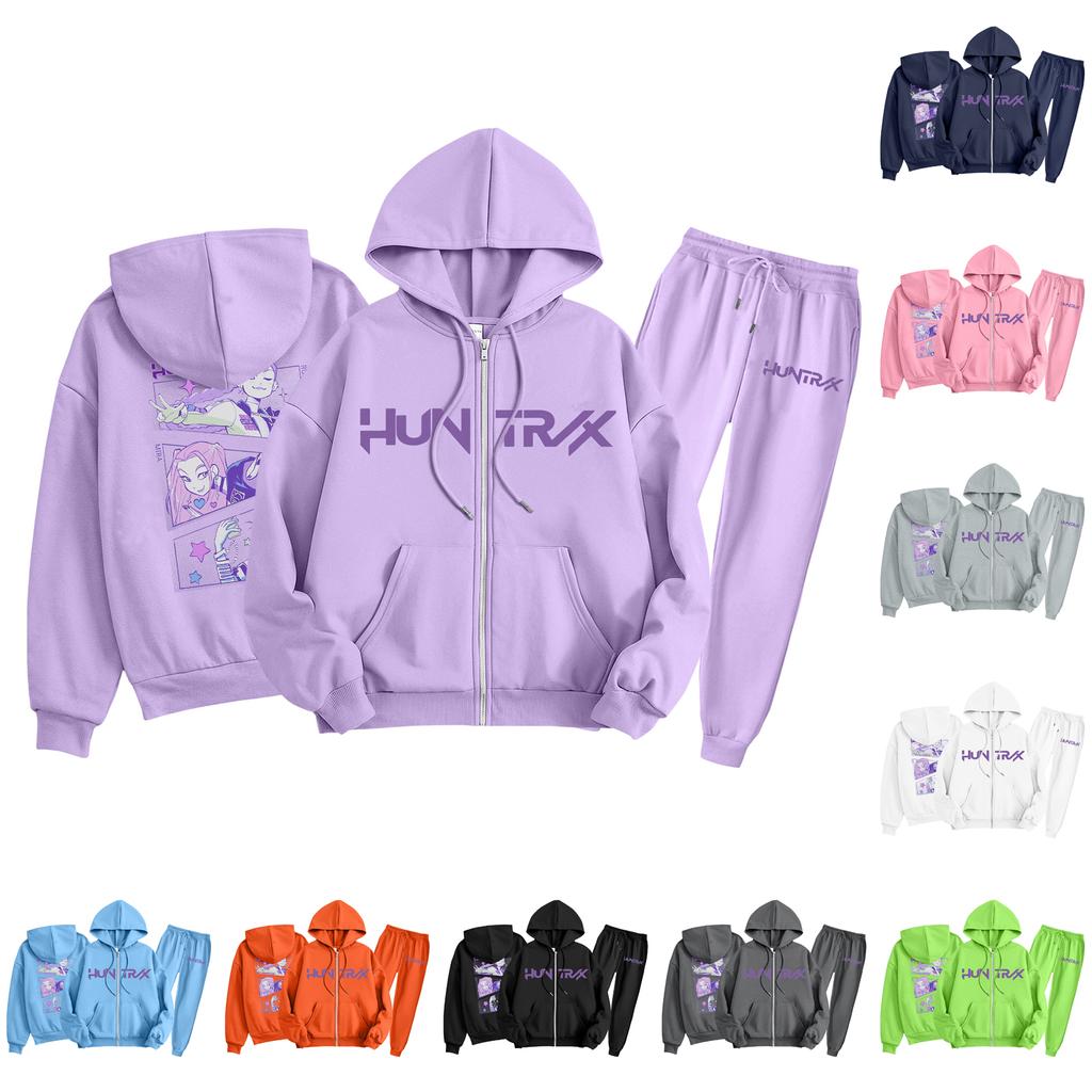 Детская мода Толстовка с капюшоном на молнии с длинными рукавами и спортивные штаны Однотонный комплект толстовки с карманами