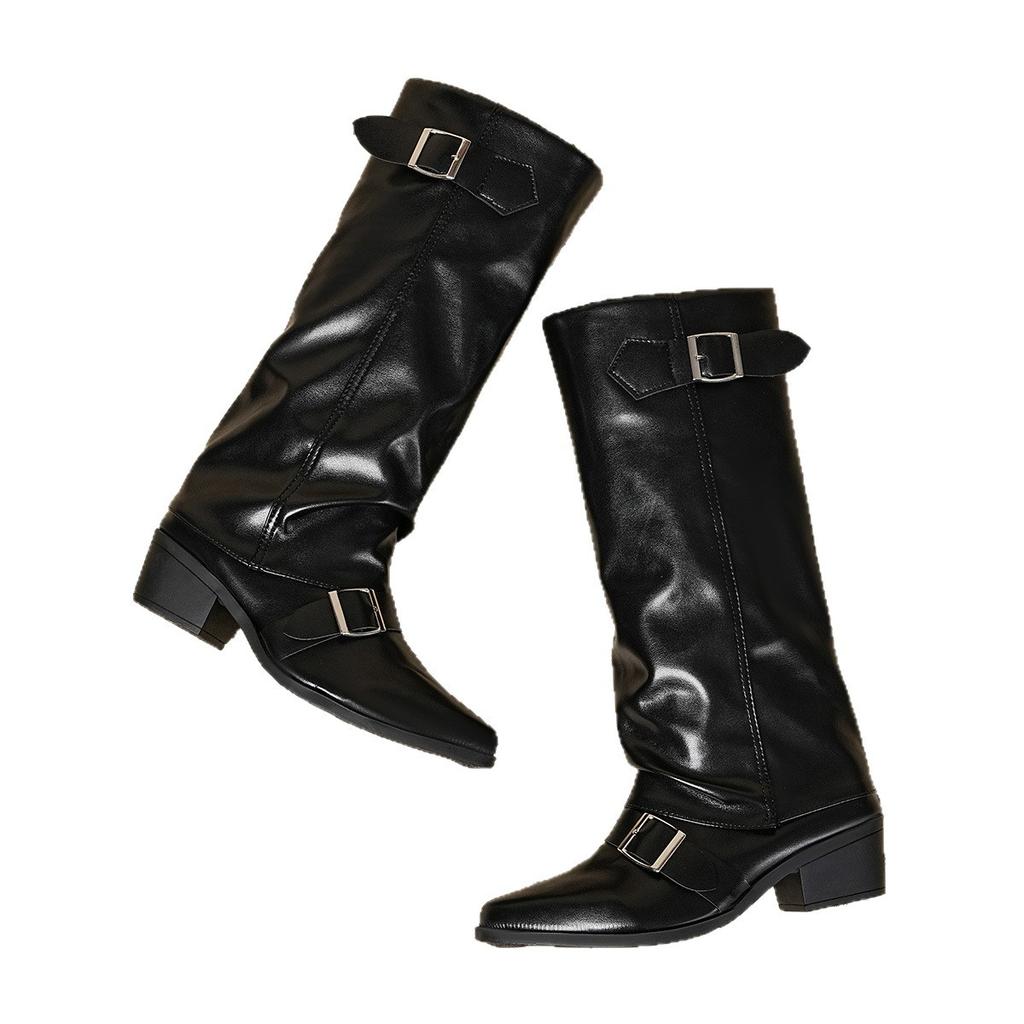 Korean Version of Retro Thick Heel But Knee Boots Women's 2025 Autumn and Winter New Outer Wear Versatile Metal Buckle Round Head Boots