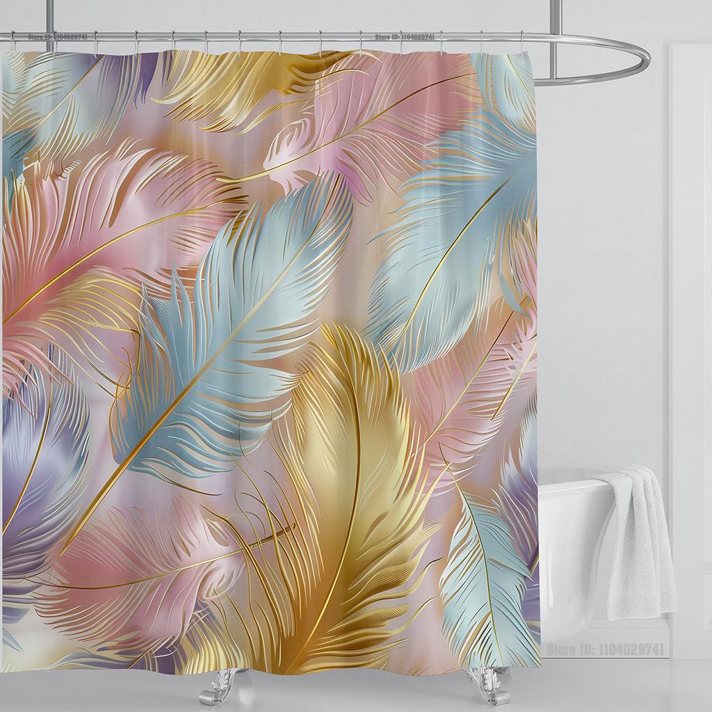 3D Feather Shower Curtain Set Colorful Printed Design Fabric Bathroom Decoration Waterproof Washable Shower Curtain with Hooks