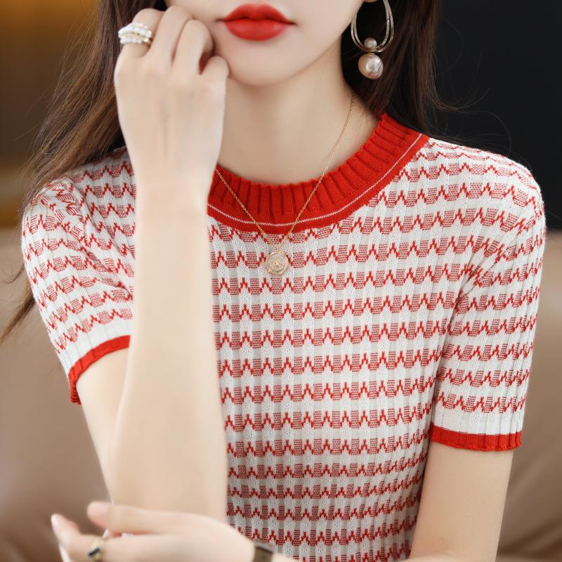 Полосатая трикотажная футболка с коротким рукавом женская весенне-летняя новинка круглый вырез сочетание цветов облегающий хлопковый топ