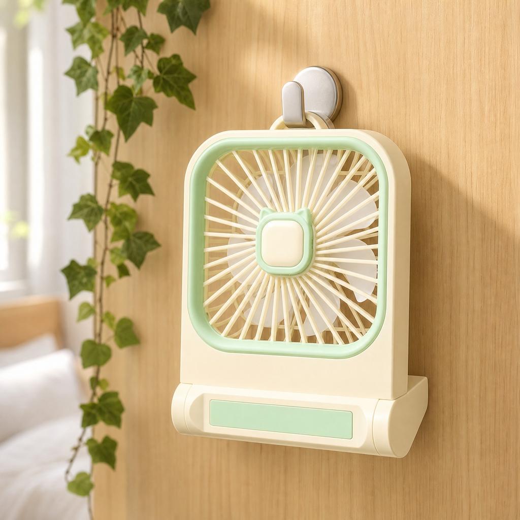Square Desktop USB Rechargeable Fan with Cat Ear Design Three Speed Adjustable Table Fan Wall Mountable Portable for Home Office Outdoor Camping