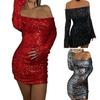 Women Evening Dress Off Shoulder Bandeau Slim Fit Sheath Shiny Sequin Long Sleeves Prom Party Mini Dress Star Celebrity Short Dress