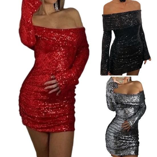 Women Evening Dress Off Shoulder Bandeau Slim Fit Sheath Shiny Sequin Long Sleeves Prom Party Mini Dress Star Celebrity Short Dress