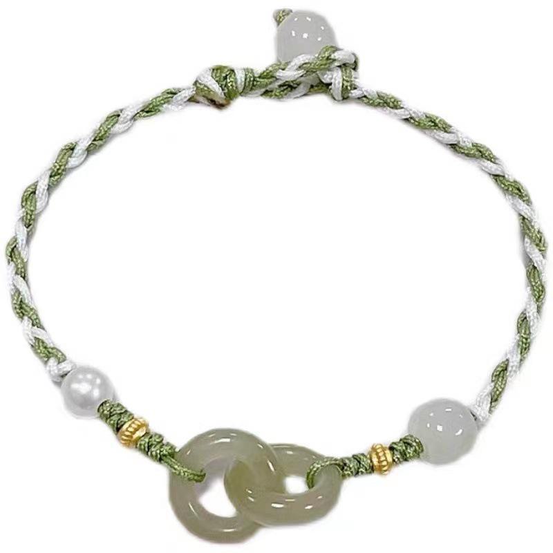 Имитация плетеного браслета из нефрита Хотан с пряжкой-миром, дизайн с двумя кольцами - женский подарок в этническом стиле