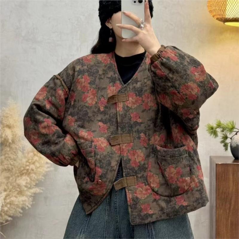 Johnature V-Neck Print Vintage Niche Single Breasted Woman Winter Loose Long Sleeves Coats