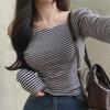 South Korea's Dongdaemun Blogger Style Stripe One-Shoulder Long-Sleeve T-Shirt