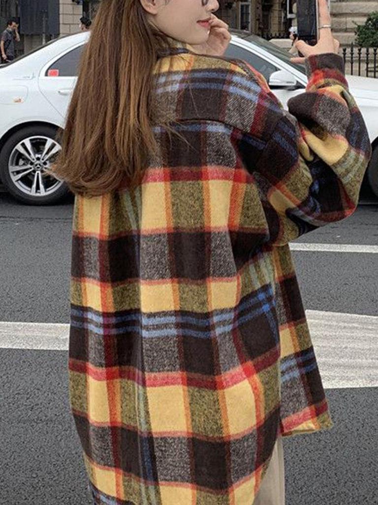 Клетчатая бархатная рубашка-куртка в корейском стиле: Свободная, Утепленная, С длинным рукавом для женщин - Идеально подходит для весны, осени и зимы.