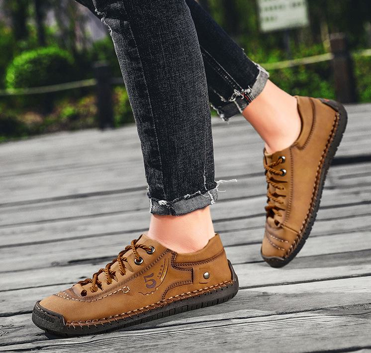 Мужские кожаные деловые туфли большого размера в британском стиле на осень, сшитые вручную для дополнительного комфорта в повседневной или официальной обстановке.