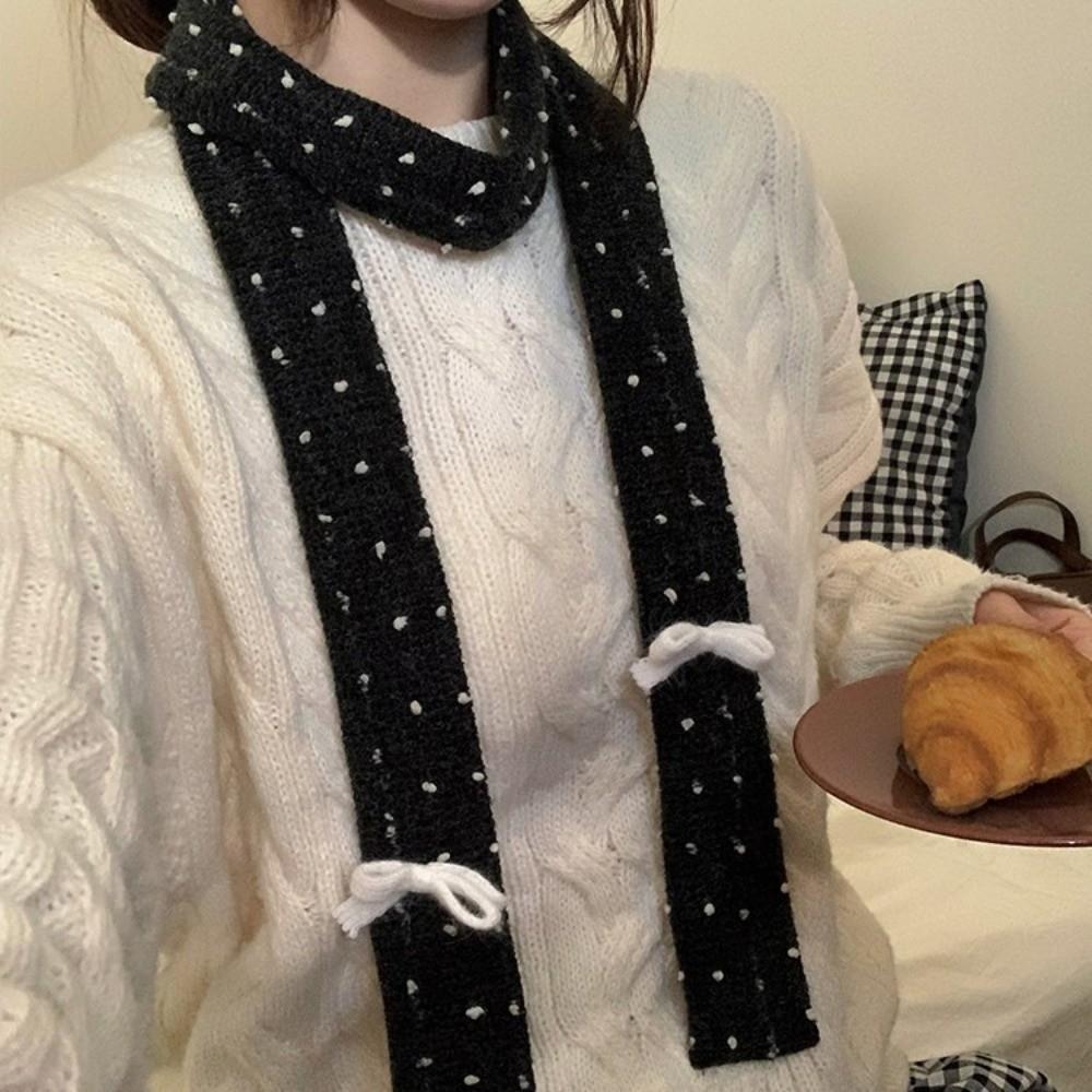 Harajuku Bow Wool Shawl Polka Dot Long Narrow Scarves Sweet Knitted Scarf Autumn/Winter