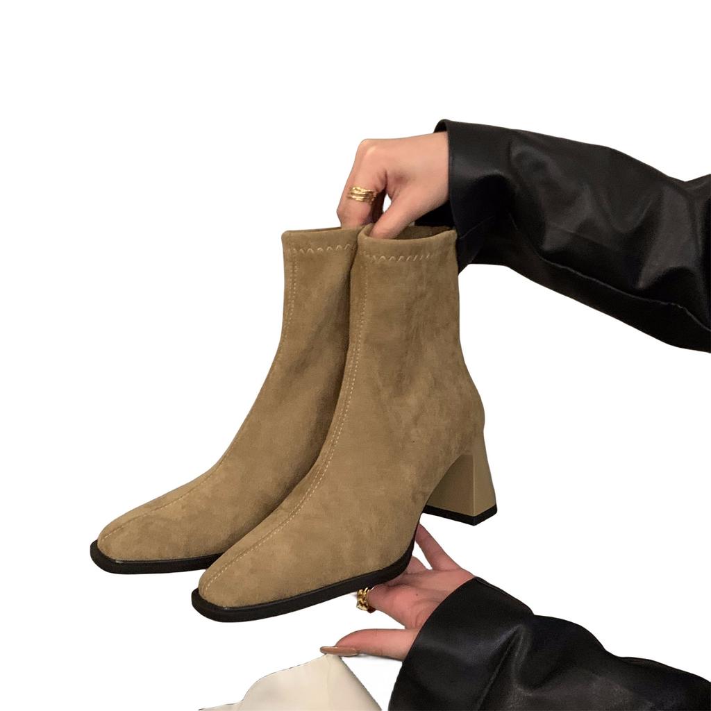 Корейские маленькие ботильоны на высоком каблуке, замшевые ботинки Мартина, женская обувь, новые осенне-зимние ботильоны с квадратным носком и узким голенищем