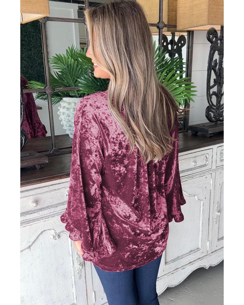 Azura Exchange Red Dahlia Velvet Pagoda Sleeve Crew Neck Top