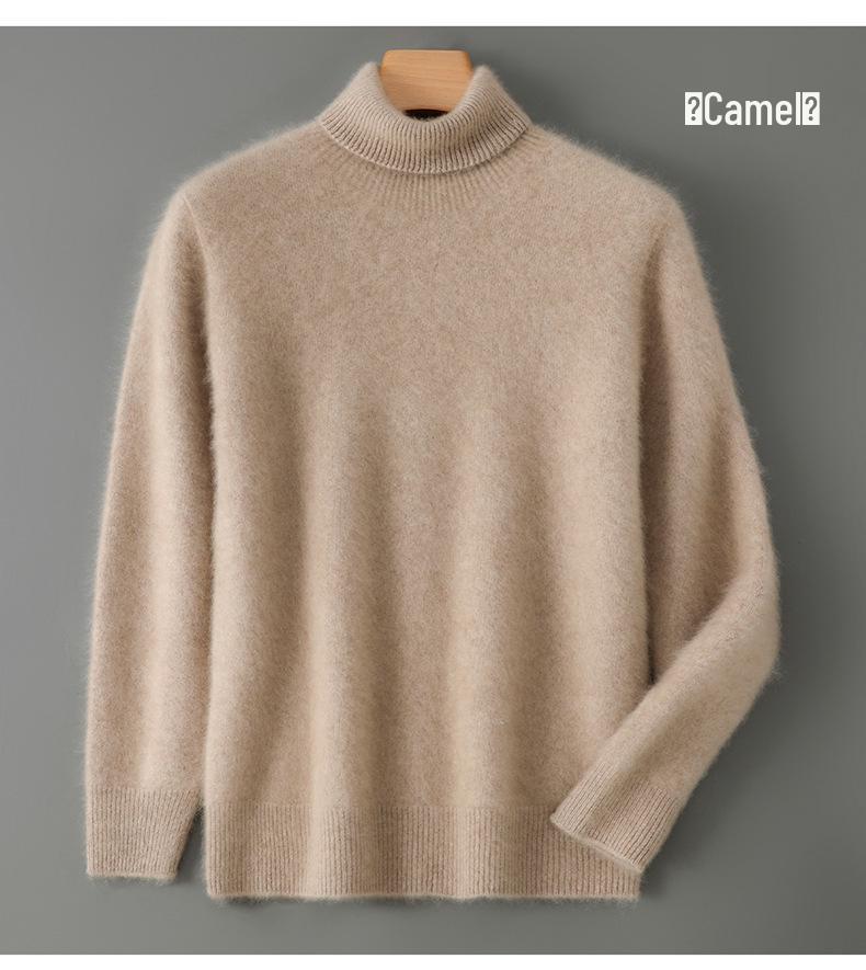 Men's High-Neck 100% Pure Wool Sweater: Thick Long-Sleeve Pullover for Autumn/Winter, Loose Fit Knitted Base Layer.