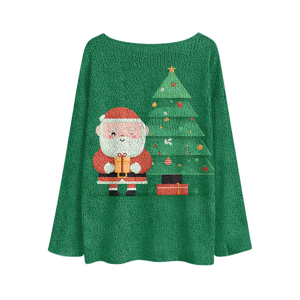 Women's Casual Fashion Round Neck Top Christmas Print Long Sleeve Knit Pullover