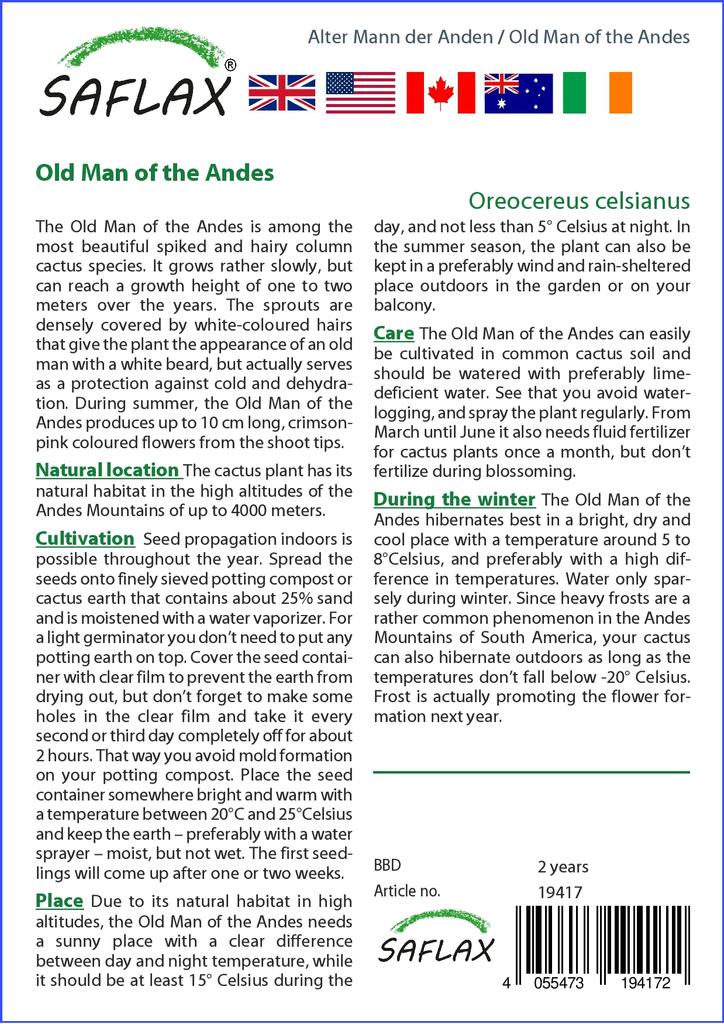 SAFLAX Garden in the Bag - Old Man of the Andes - 40 семян - С субстратом в подходящем пакете - Oreocereus celsianus