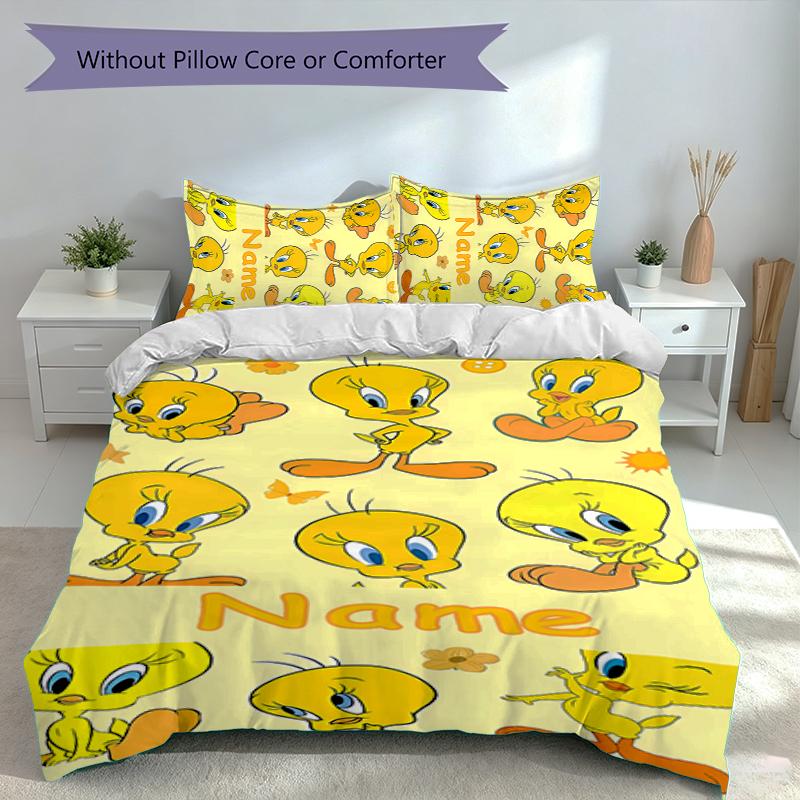 3pcs Custom Name Tweety Bedding Set,Includes 1 Duvet Cover and 2 Pillowcases,All-season Bedroom Decor