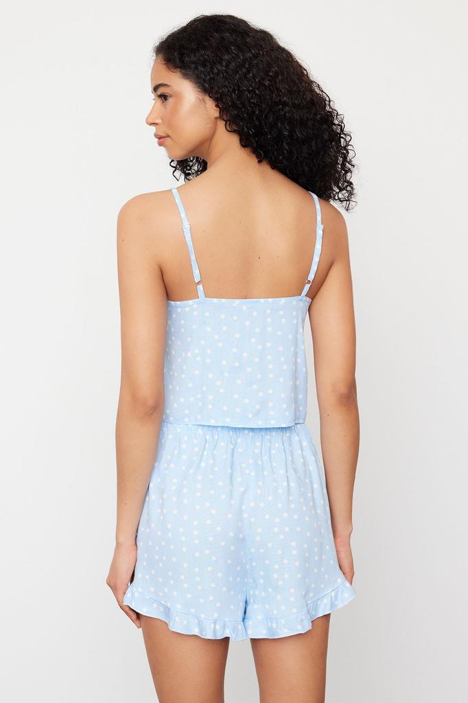Women's Fashion Light Blue Polka Dot Ruffle Detailed Viscose Woven Pajama Set with Rope Strap