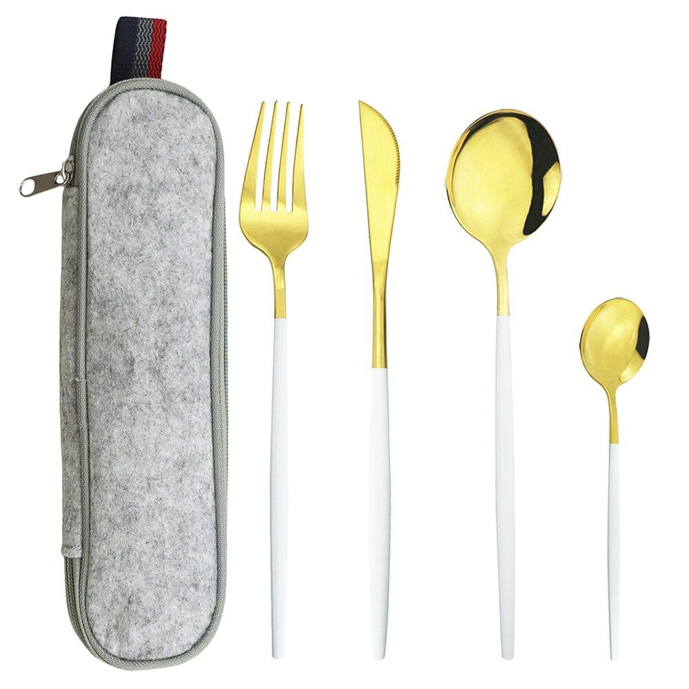 Мятно-зеленый, золотой набор столовой посуды, набор столовых приборов для кемпинга, нож, вилка, ложка с портативной серой сумкой, набор посуды из нержавеющей стали