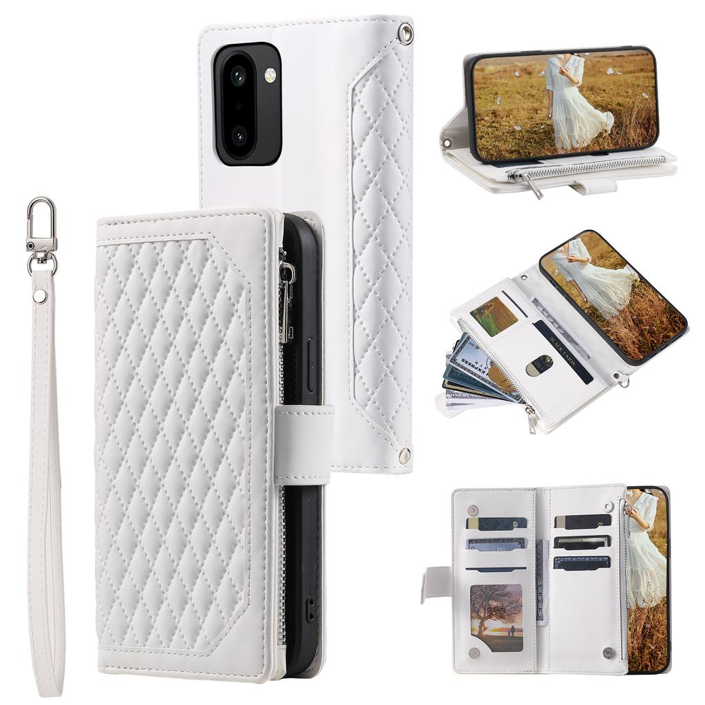 For OnePlus 15R 5G Wallet Case Rhombus Stitching Line PU Leather Phone Cover with Wrist Strap