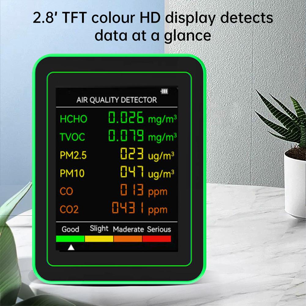 6-в-1 Многофункциональный тестер углекислого газа PM2.5/TVOC Монитор качества воздуха 2,8-дюймовый цветной HD-дисплей TFT Детектор формальдегида