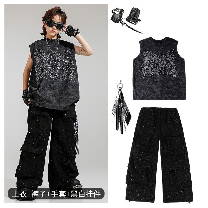 Kids Hip Hop Performance Outfit Set Boys Girls Sleeveless Rhinestone Vest Pants Street Dance Costume