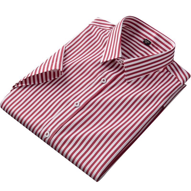 Short Sleeve Striped Men Stretch Work Shirt Non-Iron Summer Easy Care Male Tops Without Front Pocket